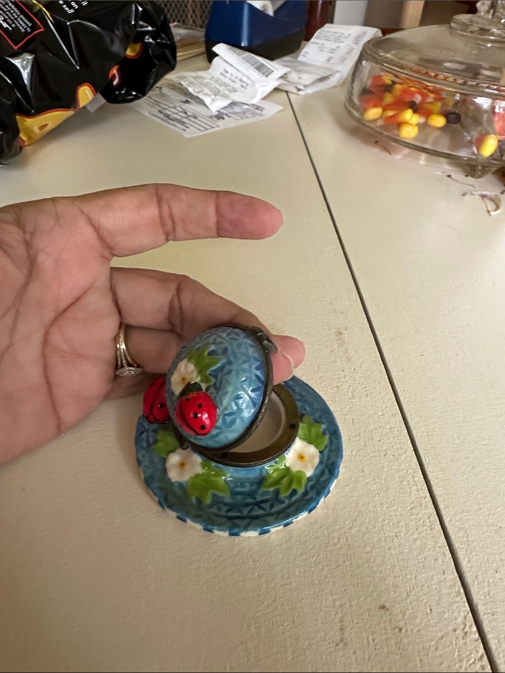 Blue Ceramic Trinket Box with Ladybug Accents